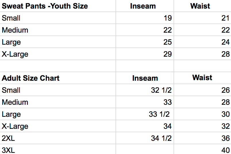 Sweatpants Size Chart